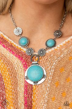 A rustic collection of floral embossed silver or copper medallions and turquoise or white stones encased in antiqued studded texture delicately connects below the collar. Embossed in matching floral patterns, an oversized turquoise or white stone pendant swings from the bottom of the earthy compilation for a seasonal fashion. Features an adjustable clasp closure. Santa Fe Jewelry, Paparazzi Fashion, Blue Turquoise Necklace, Turquoise Flowers, Trendy Collection, Turquoise Stones, Paparazzi Accessories, Blue Necklace, Paparazzi Jewelry