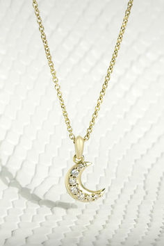 Crescent Moon Necklace by Carter Eve Jewelry Crescent Diamond Necklace Gift, Crescent Diamond Necklace For Gift, Fine Jewelry Diamond Moon Phase Necklaces, Diamond Moon Phase Necklace Fine Jewelry, Moon Phase Diamond Necklace Fine Jewelry, Fine Jewelry Diamond Moon Phase Necklace, Diamond Half Moon Charm Jewelry, Celestial Moon Shaped Jewelry With Rose Cut Diamonds, Celestial Moon-shaped Jewelry With Rose Cut Diamonds