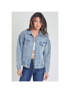 Add an edgy layer to your go-to outfits this season with our Oversized Boyfriend Denim Jacket! Designed to have an oversized fit to give you an effortlessly cool, laid-back look. Made with 100% cotton to give that perfect vintage look and feel. Featuring 2 front button flap pockets, 2 side pockets, button-cuff sleeves, and a front button closure. Due to the nature of the novelty wash process and hand-crafted design, each garment will have a unique appearance. Some washes feature light distressin Oversized Light Wash Button-up Denim Jacket, Cheap Garment Washed Button-up Denim Jacket, Light Indigo Washed Button-up Denim Jacket, Medium Wash Cotton Button-up Denim Jacket, Boyfriend Denim Jacket, Levi's Medium Wash Button-up Denim Jacket, Women Denim Jeans, Baggy Fits, Cuff Sleeves