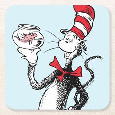 the cat in the hat is holding a fish bowl beverage coasters, set of 4