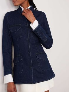 LIBEROWE Raja denim jacket Elegant Denim Outerwear With Pockets, Classic Tailored Denim Jacket, Fitted Denim Blazer With Lapel Collar, Classic Fitted Denim Jacket For Workwear, Elegant Fitted Denim Jacket For Work, Elegant Long Sleeve Denim Jacket For Work, Tailored Elegant Denim Outerwear, Fitted Denim Blue Outerwear For Work, Fitted Elegant Denim Jacket