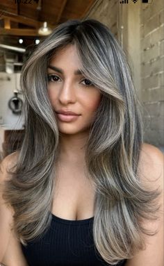 Brunette Hair With Grey, Brunette Hair With Grey Highlights, Brown Skin Blonde Hair, Highlights Inspiration, Gray Blending, Brown Hair Shades, Dead Hair