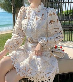 Picnic Dresses, Lace Lanterns, Floral Embroidery Dress, Woolen Dresses, Lantern Sleeve Dress, Floral Embroidered Dress, Floral Lace Dress, Dress Spring, Woman Standing