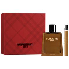 Fragrance Family: Earthy & WoodyScent Type: Warm WoodsKey Notes: Pine Needle, Benzoin, Cedarwood TrioSet Description: This holiday set features the Burberry Hero Eau de Parfum for men. This woody and spicy fragrance reveals a trio of warm cedarwood oils, pine needles, benzoin, and incense.About the Bottle: Burberry Hero Eau de Parfum comes in an angular, transparent glass bottle, featuring the BURBERRY logo and topped with a black cap.About the Fragrance: Burberry Hero Eau de Parfum features a trio of warm cedarwood oils as its signature base, culminating in a fresh and luminous crescendo. The vibrant opening of pine needle blends with benzoin and incense, creating an intense fusion of profound Burberry Hero, Luxury Perfume Women, Fragrance Finder, The Perfume Shop, Burberry Logo, Fragrance Cologne, Cedarwood Oil, Gift Sets For Her, Spicy Fragrance