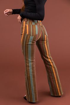 Judy Blue Sepia Mid Rise Striped Flare Jeans Multicolor Full Length Jeans For Fall, Stretch Multicolor Jeans For Fall, Multicolor Stretch Jeans For Fall, Fall Multicolor Stretch Jeans, Fitted Multicolor Pants For Fall, Fitted Brown Jeans For Spring, Fitted Brown Spring Jeans, Retro Striped Fitted Bottoms, Retro Fitted Brown Jeans