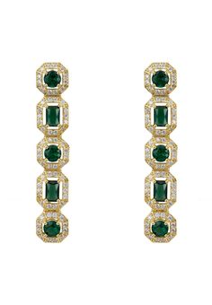 Step into a world of elegance and sophistication with the Whistledown Emerald Drop Earrings in Gold. Crafted from premium 925 sterling silver and lavishly dipped in 18ct gold, these earrings are a testament to timeless beauty and meticulous craftsmanship. The design features a stunning column of five lab-grown emeralds, alternating between round and rectangular cut, each one nestled in its own exquisite setting. Surrounding these vibrant gems is a halo of sparkling zirconia, capturing and reflec Classic Plated Earrings For Formal Occasions, Luxury Plated Earrings For Anniversary, Formal Green Earrings With Metal Plating, Green Plated Earrings For Formal Occasions, Formal Plated Drop Earrings, Formal Green Plated Earrings, Formal Fine Jewelry Plated Earrings, Elegant Gold Plated Green Bridal Earrings, Emerald Drop Earrings