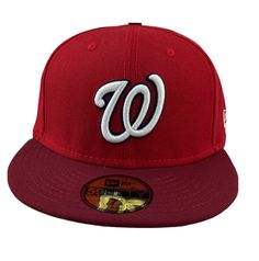 National Washington   59fifty fitted  Official product of MLB Made by New Era  Red burgundy visor Front Embroidered  logo  Back MLB logo left side new era flag in white High Crown Flat bill with ability to curve Size 7 5/8 Hats are shipped in Boxes Red Baseball Cap With Flat Crown For Sports Events, Red Baseball Cap For Sports Events, Red Flat Crown Baseball Cap For Baseball Season, Red Flat Crown Baseball Cap For Sports Events, Red Fitted Hat For Baseball With Flat Crown, Red Fitted Hat For Baseball Season, Red Fitted Hat For Sports With Flat Crown, Red Fitted Hat With Flat Crown For Sports, Mlb Logos