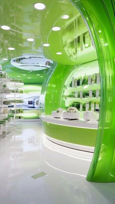 the interior of a green and white store