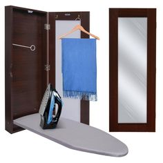 the ironing board is next to an open wooden door with a towel on it