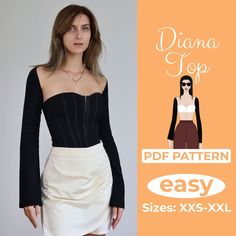 a woman wearing a skirt and top with the text, diy pattern easy sizes xxs - xxl