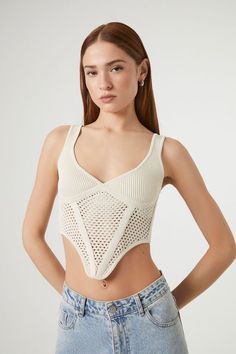 Crochet Sweater-Knit Crop Top | Forever 21 Chic Cropped Pointelle Knit Crop Top, Chic Pointelle Knit Crop Top, Fitted Sleeveless Textured Knit Crop Top, Fitted Hollow Out Crop Top, Fitted Textured Knit Crop Top, Chic Cropped Open Knit Crochet Top, Trendy Textured Knit Fitted Crop Top, Trendy Fitted Textured Knit Crop Top, Spring Hollow Out Cropped Top