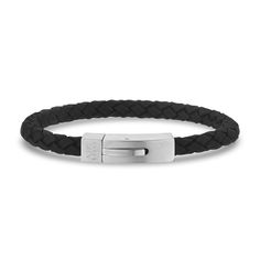 Modern Braided Leather Bracelets With Black Band, Modern Leather Braided Bracelet With Black Band, Modern Black Braided Bracelets With Stainless Steel Clasp, Modern Black Braided Bracelet With Leather Strap, Classic Black Leather Bracelet For Gift, Classic Black Leather Bracelet Gift, Black Minimalist Braided Stainless Steel Bracelets, Minimalist Black Braided Bracelet With Stainless Steel Clasp, Minimalist Black Stainless Steel Braided Bracelets