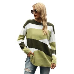 Green Colorblock Striped Pullover Sweater Green Crew Neck Sweater With Color Matching, Green Patchwork Long Sleeve Sweater, Trendy Green Sweater With Color Matching, Green Tops With Contrast Color For Fall, Green Long Sleeve Patchwork Sweater, Green Contrast Color Tops For Fall, Trendy Green Patchwork Sweater, Green Long Sleeve Sweater With Contrast Color, Green Crew Neck Sweater With Contrast Color