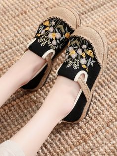 Black Black Round Toe Slip-ons For Beach, Black Flat Slip-ons For Spring, Black Slip-ons For Summer, Summer Espadrille Slip-ons With Rubber Sole, Summer Slip-on Espadrilles With Rubber Sole, Comfortable Summer Flats, Comfortable Closed Toe Slip-ons For Spring, Embroidered Casual Flats, Black Casual Slip-ons For Spring