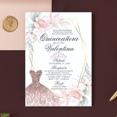 an elegant quinceaueee and floral wedding card