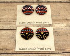 Button is 30mm (1 1/8 inches) long and wide; gold plated stud post Laser Cut Wood Earrings, Ethnic Earrings, Button Earrings, Fabric Covered Button, Laser Cut Wood, Wood Earrings, African Fabric, Fabric Covered, Covered Buttons