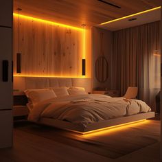 Stylish modern bedroom demonstrating the impact of carefully selected ambient lighting on creating a balanced and cohesive environment Interior Design Per La Casa, Mens Bedroom, Gold Bedroom, Futuristic Interior, Design Del Prodotto, Bedroom Refresh, Dream Room Inspiration, Design Your Dream House