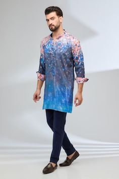 Indigo blue georgette kurta with floral print and sequins embroidery. Comes with cotton silk pant. - Aza Fashions Blue Cotton Silk Kurta For Spring, Blue Silk Salwar Kameez For Spring, Spring Blue Silk Salwar Kameez, Blue Cotton Silk Salwar Kameez With Mirror Work, Blue Cotton Silk Kurta With Printed Motifs, Spring Blue Georgette Kurta, Designer Blue Salwar Kameez For Spring, Designer Spring Blue Salwar Kameez, Blue Cotton Silk Kurta For Eid