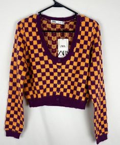 NWT Zara Cropped Checkered Cardigan Sweater Orange & Purple Wool Blend Fuzzy S,M Fuzzy cozy feel Modern, eye-catching style Size S armpit to armpit 17", length 18"  Size M armpit to armpit 18", length 18" Checkered Clothes, Checkered Cardigan, Orange And Purple, Cardigan Sweater, Sweater Outfits, Sweater Cardigan, Wool Blend, Women's Blazer, Fall Outfits