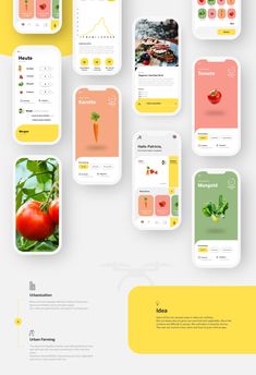 a bunch of different app screens with food icons on them, including tomatoes and other vegetables