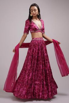 Purple and pink pleated, attached cancan lehenga with all over abstract prints. Paired with a coordinating blouse with sequin work and dupatta. - Aza Fashions Elegant Wedding Choli With Tiered Skirt, Wedding Choli With Ruffles And Tiered Skirt, Silk Floor-length Lehenga With Ruffles, Festive Silk Lehenga With Ruffles, Bollywood Style Choli With Zari Work And Tiered Skirt, Traditional Anarkali Set With Tiered Skirt For Wedding, Bollywood Style Choli With Dupatta And Tiered Skirt, Anarkali Wedding Sharara With Tiered Skirt, Anarkali Sharara With Tiered Skirt For Wedding