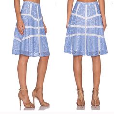 The Cutest A Line Skirt With Ladder Insets And Lace Overlay. Fully Lined, Approx 24" In Length. As Seen On Elle Fanning Light Blue Bottoms With Lace Trim For Summer, Blue Lace Trim Fitted Skirt, Spring Blue Skirt With Lace Trim, Feminine Blue Skirt For Summer, Spring Lace Skirt For Day Out, Light Blue Knee-length Skirt For Spring, Feminine Blue Summer Skirt, Feminine Blue Skirt For Brunch, Blue Bottoms With Lace Trim For Spring