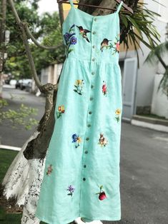 Rabbit And Flowers, Blue Slip Dress, Clothes Embroidery, Flowers Embroidered, Embroidery Lessons, Summer Linen Dresses, Rope Crafts, Embroidery On Clothes, Batik Dress