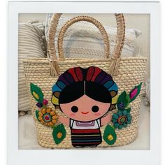 Handmade Palm Tree Tote Handbag “Adelita” Mexican Doll Design, Cotton Canvas Palm Tree Handcrafted Floral Designs Made In Jalisco Mexico Reasonable Offers Accepted Embroidered Tote Beach Bag, Multicolor Embroidered Vacation Bag, Vacation Bag With Multicolor Embroidery, Multicolor Embroidery Shoulder Bag For Beach, Traditional Top Handle Straw Bag, Natural Embroidered Straw Bag For Daily Use, Multicolor Embroidery Beach Bags, Traditional Straw Bag For Shopping, Straw Satchel Bag For Market