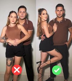 three different pictures of a man and woman posing for the camera