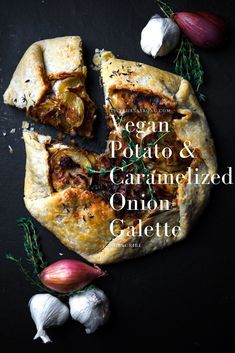 vegan potato and caramelized onion garlic pizza on a black background with text overlay