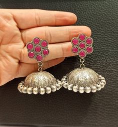 Beautiful Handmade Oxidized Pink Jhumkas Earrings. Bollywood Jhumkas. Tribal Earrings. Bohemian Earrings. Made in India. Silver Plated Jhumkas Earrings. Light Weight Earrings. Pink Jhumka. Desi Stylish Jhumka Earrings. Earrings length - 5.5 Cm. Earrings Width - 4.5 Cm. Desi Jhumka, Pink Jhumka, Oxidized Jhumka, Jhumkas Earrings, Indian Jhumka, Flower Jewelry Designs, Traditional Earrings, Earrings Bohemian, Silver Jewelry Fashion