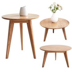 three wooden tables with vases and flowers on them