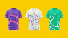 three t - shirts with different designs on them against a yellow background, one is purple and the other is green