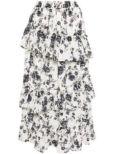 white/black floral print ruffled detailing high-waisted elasticated waistband above-knee length Chic Floral Print Tiered Skirt, Chic Voluminous Skirt With Floral Print, Feminine Midi Length Bottoms With Ruffles, White Floral Print Tiered Skirt, Elegant Tiered Bottoms With Elastic Waistband, White Tiered Skirt With Floral Print, Daywear Midi Skirt With Ruffles, Floral Print Tiered Skirt For Daywear, Chic Midi-length Bottoms With Ruffles