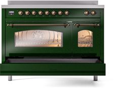 a green stove with two ovens on each side and gold knobs in the middle