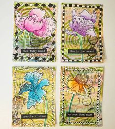 four cards with different designs on them, one has flowers and the other has words