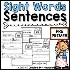 sight words and sentence worksheets for pre - primer or grade 1 students