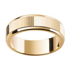 a gold wedding ring with vertical lines on the outside, and a thin line in the middle