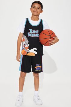 Available In Black/Blue. Short Set Sleeveless Front/Back Tune Squad Graphic Jersey Disclaimer: Due To The Printing Process A Difference In Saturation May Occur. Each Garment Is Unique. 100% Polyester Imported | Mini Tune Squad Basketball Jersey Short Set in Black/Blue size 18/20 by Fashion Nova Sporty Sleeveless Top For School, Black Sleeveless School Top, Black Summer Tops For School, Black Summer Playwear Tops, Black Character Print Top For School, Playful Black Tops For School, Playful Sleeveless Top With Character Print, Casual Sleeveless Tank Top For Play, Sporty Black Tops For Playtime