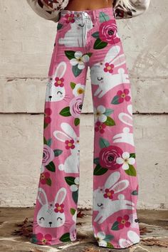 These women's casual wide leg pants jeans feature a delightful rabbit flower art print, adding a whimsical charm to your ensemble. With their relaxed fit and wide legs, they offer both comfort and a touch of artistic flair, perfect for any casual outing or gathering. Spring Printed High Waist Bottoms, Spring Cotton Printed Pants, Printed High Waist Bottoms For Spring, High-waisted Printed Bottoms For Spring, High Waist Printed Bottoms For Spring, Spring Printed Wide-leg Bottoms, Printed Wide-leg Pants For Spring, Pink Wide Leg Printed Bottoms, Pink Printed Wide Leg Bottoms