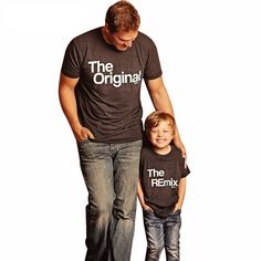 a man and his son wearing matching t - shirts with the words'the original'on them