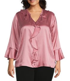 From Investments Plus&#x2C; this top features:Y-necklineLong sleevesCascading ruffle detailPullover constructionPolyester/viscoseMachine wash/line dryImported. Dillard's, Plus Size Tops, Long Sleeve Top, Work Wear, Long Sleeve Tops, Sleeve Top, Plus Size, Clothes For Women, Long Sleeve