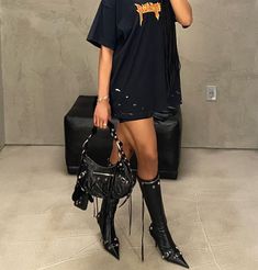 Black Knee High Boots Outfit, Chic Outfits Edgy, Heels Boots Outfit, Balenciaga Boots, Knee Boots Outfit, Black Boots Outfit, High Boots Outfit, Heels Outfits, Dress And Heels