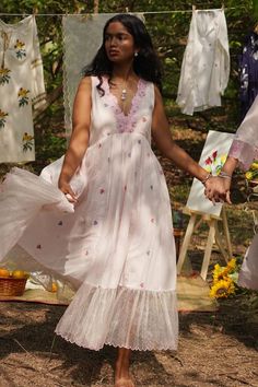 Baby pink jamdani dress with floral and geometric embroidery. - Aza Fashions Jamdani Design, Jamdani Dress, Geometric Embroidery, Western Outfits, Dress For Women, V Neck Dress, Dress Pattern, Aza Fashion, Baby Pink