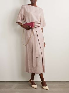 LORO PIANA Belted linen, wool and silk-blend midi skirt Elegant Linen Daywear Skirt, Elegant Linen Skirt For Daywear, Chic Linen Skirt For Daywear, Formal Spring Linen Skirt, Formal Linen Skirt For Spring, Elegant Linen Wrap Skirt, Elegant Beige Linen Skirt, Relaxed Linen Workwear Skirt, Fitted Linen Formal Skirt