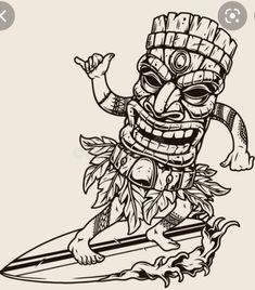 a black and white drawing of a tiki on a surfboard with his arms in the air