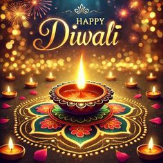 happy diwali greeting card with lit candles and sparkles in the background,