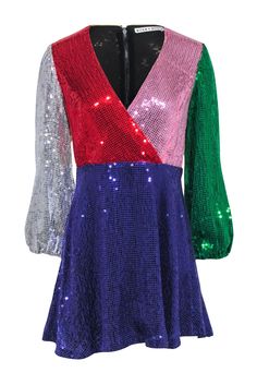 Current Boutique-Alice & Olivia - Color Block Sequin Faux Wrap Dress Sz 4 V-neck Contrast Sequin Dress For Date Night, Contrast Sequin V-neck Dress For Date Night, V-neck Contrast Sequin Mini Dress For Date Night, V-neck Mini Dress With Contrast Sequin For Date Night, Contrast Sequin V-neck Mini Dress For Date Night, Evening V-neck Glitter Mini Dress, V-neck Mini Dress With Contrast Sequin For Prom, Glamorous Festive Sequin Dress For Night Out, Prom Mini Dress With Contrast Sequin For Party Season