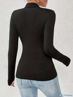 Orcajump - Solid Color Mock Neck T-Shirt, Versatile Long Sleeve T-Shirt For Spring & Fall, Women's Clothing Basic Solid T-shirt With Snug Fit, Basic High Stretch Solid Color Tops, Fitted Turtleneck Plain Top, Fitted Plain Turtleneck Top, High Stretch Black Cotton Tops, Black High-stretch Cotton Top, Solid Color Snug Fit Crew Neck T-shirt, High Stretch Cotton Crew Neck Top, Stretch V-neck Top With Letter Print