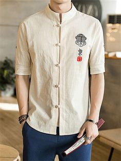 Description Product ID: MS1032 Material: Linen, Cotton Pattern: Chinese Characters Sleeve: Short Sleeve Neckline: Stand Collar Closure Type: Vintage Buttons Season: Spring, Summer, Autumn Style: Fashion, Simple, Casual Occasion: Street, Vacation, Daily Package included: 1* Shirt Size Chart (Asian Size): Please allow 1-3 cm measured error. Tag Size Length Chest Shoulder cm | inch cm | inch cm | inch M 65cm | 25.5'' 92cm | 36.2'' 41cm | 16.1'' L 67cm | 26.3'' 96cm | 37.7'' 42cm | 16.5'' XL 69cm | 27.1'' 100cm | 39.3'' 43cm | 16.9'' XXL 71cm | 27.9'' 104cm | 40.9'' 44cm | 17.3'' 3XL 73cm | 28.7'' 108cm | 42.4'' 45cm | 17.7'' 4XL 75cm | 29.5'' 112cm | 44.0'' 46cm | 18.1'' 5XL 77cm | 30.3'' 116cm | 45.6'' 47cm | 18.5'' Mens Shorts Summer, Chinese Characters, Autumn Style, Linen Blouse, Blouse Shirt, Vintage Buttons, Summer Shorts, Mens Summer, Stand Collar